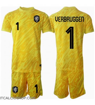 Olanda Bart Verbruggen #1 Portiere Seconda Maglia Bambino Europei 2024 Manica Corta (+ Pantaloni corti)